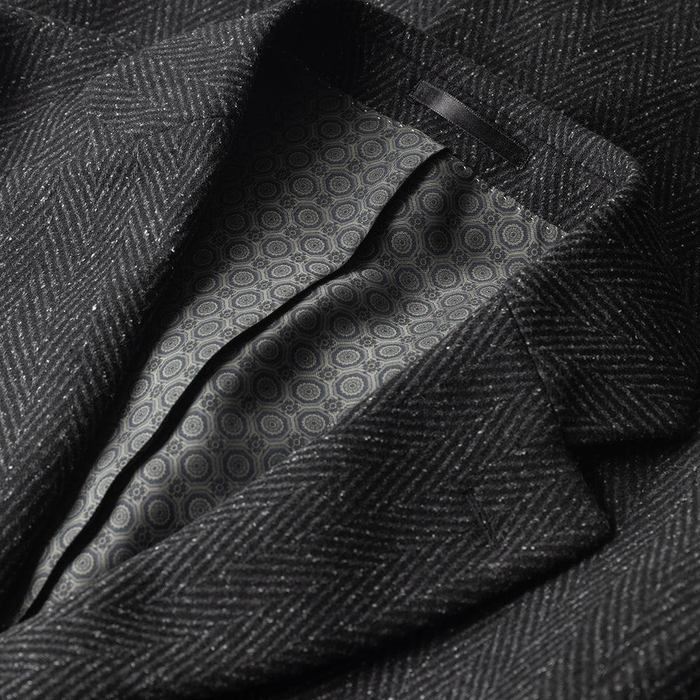 Grey Herringbone Overcoat in wool cashmere and silk.