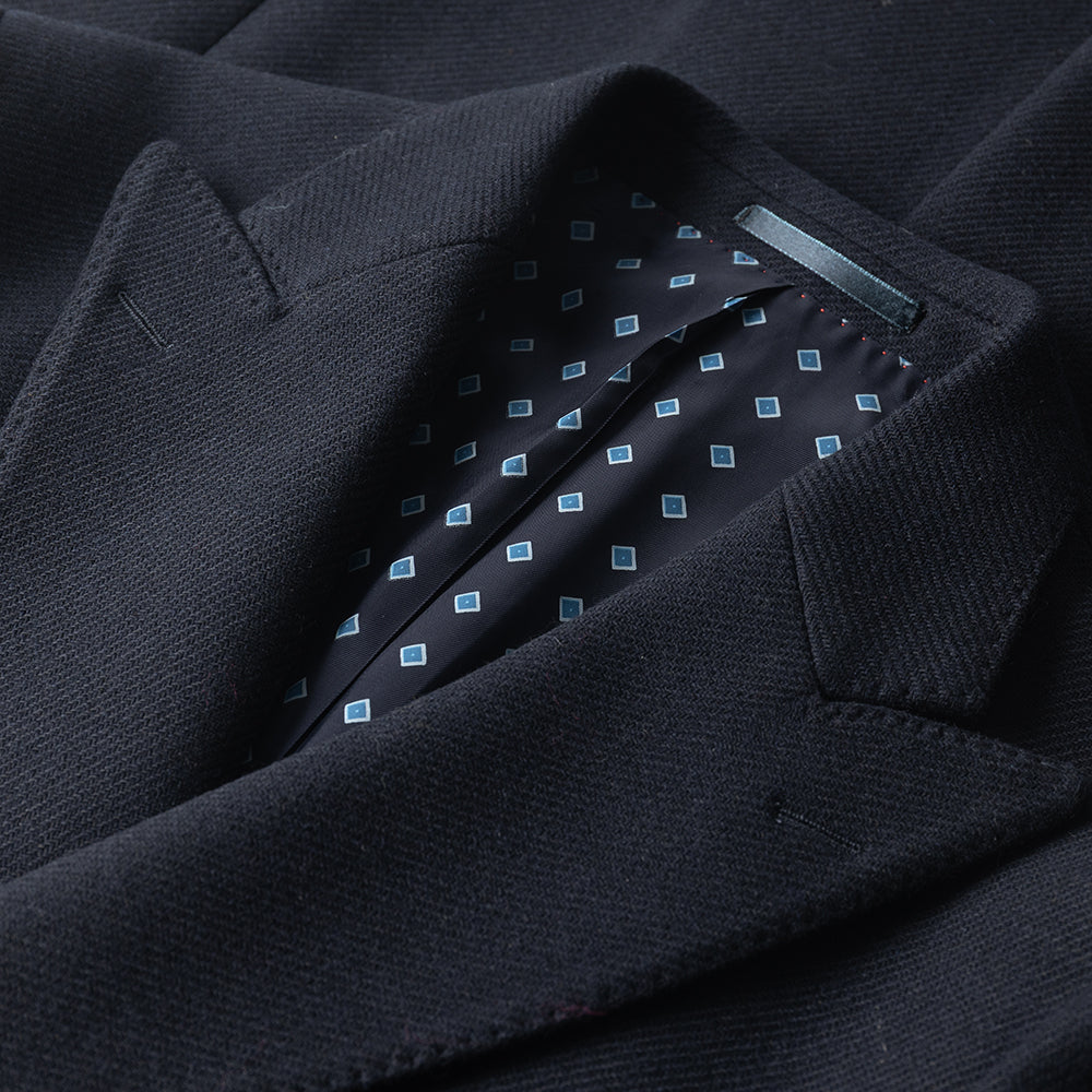 Navy Double Breasted Overcoat in Recycled Wool twill.