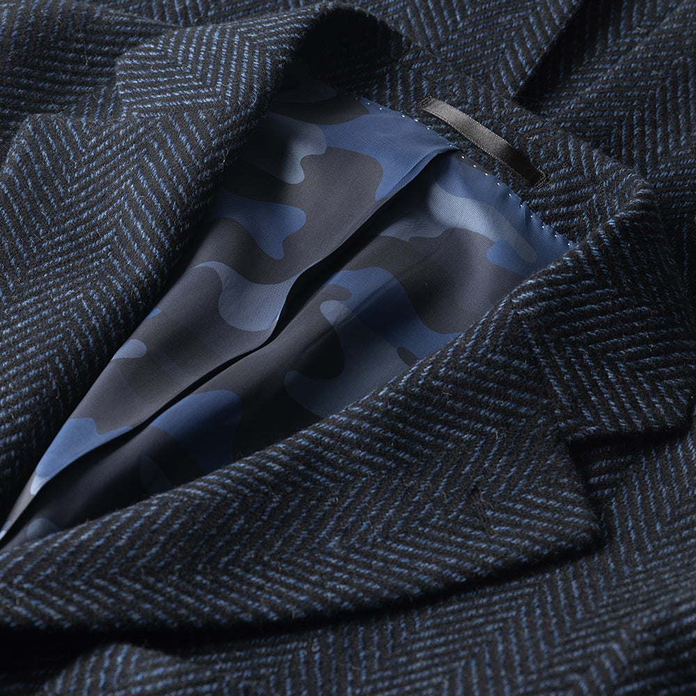 Navy Herringbone Overcoat in wool and cashmere