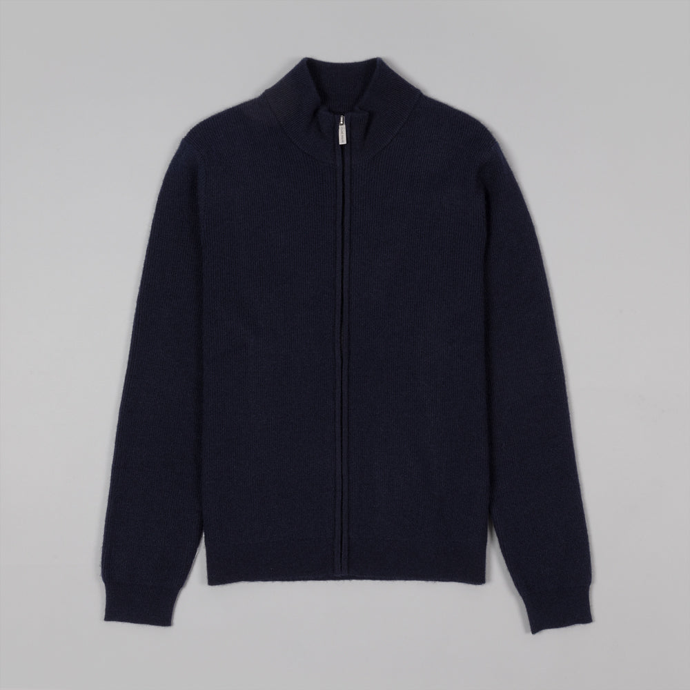 Navy Zip Cardigan In Heavy Wool Rib