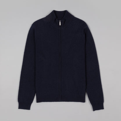 Navy Zip Cardigan In Heavy Wool Rib