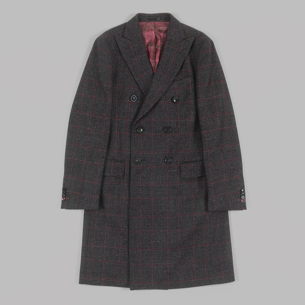 Grey Check Double Breasted Overcoat in Virgin wool.