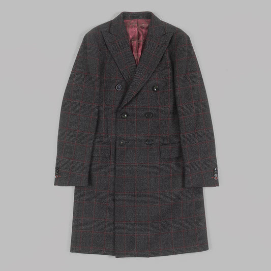 Grey Check Double Breasted Overcoat in Virgin wool.