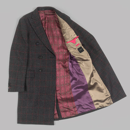 Grey Check Double Breasted Overcoat in Virgin wool.