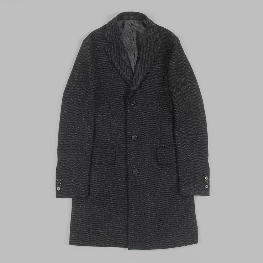 Grey Herringbone Overcoat in wool cashmere and silk.