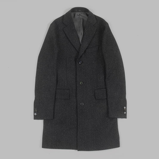 Grey Herringbone Overcoat in wool cashmere and silk.
