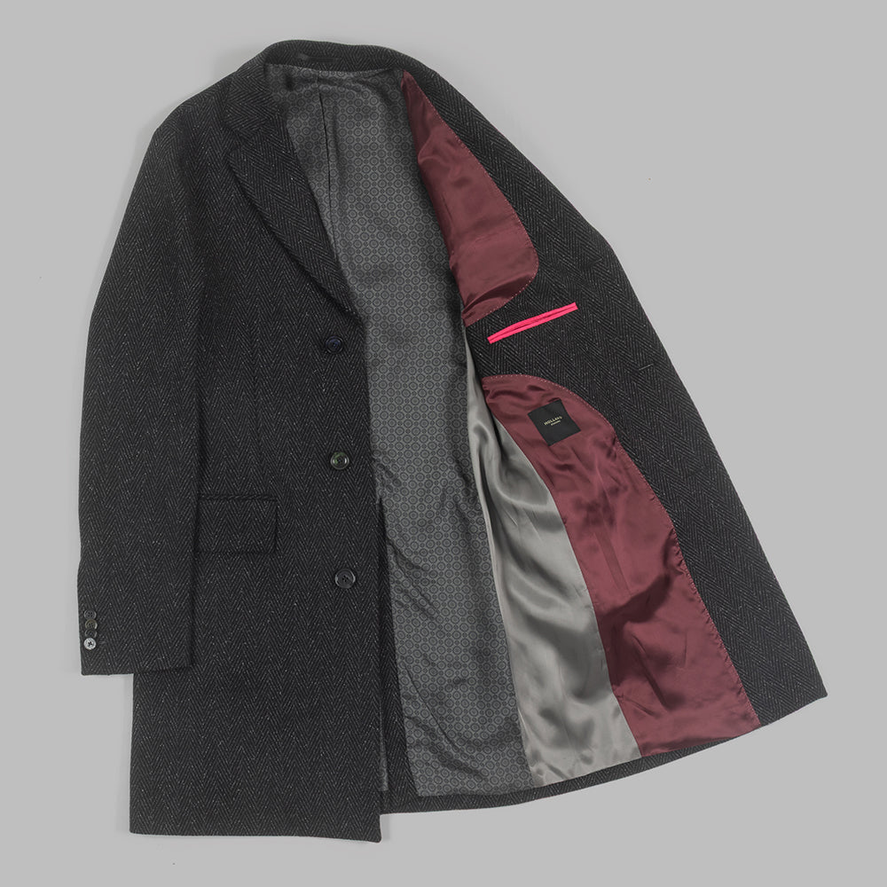 Grey Herringbone Overcoat in wool cashmere and silk.