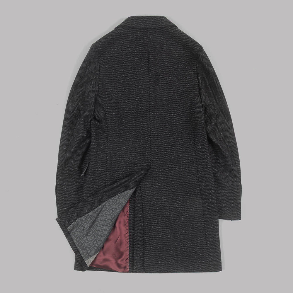 Grey Herringbone Overcoat in wool cashmere and silk.