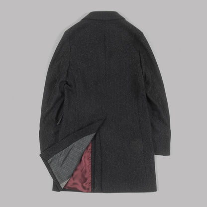 Grey Herringbone Overcoat in wool cashmere and silk.