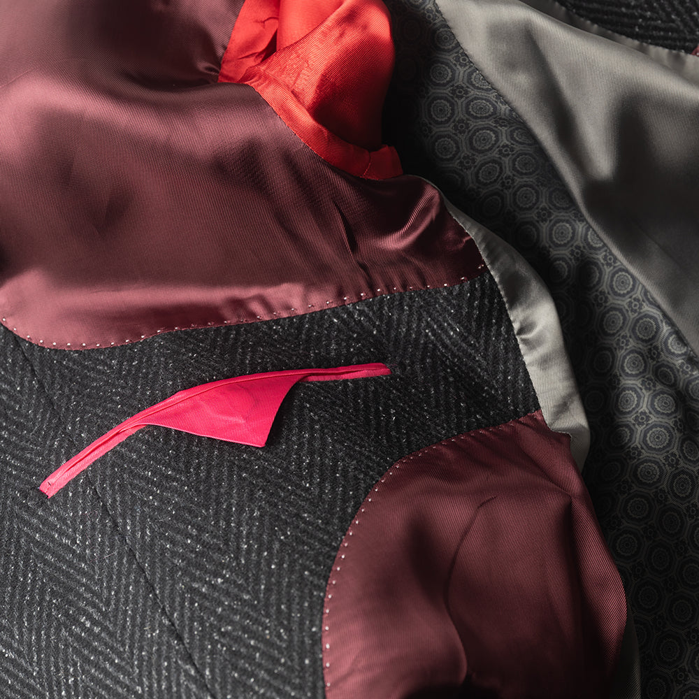 Grey Herringbone Overcoat in wool cashmere and silk.