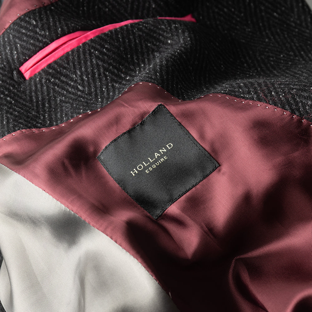 Grey Herringbone Overcoat in wool cashmere and silk.