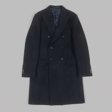 Navy Double Breasted Overcoat in Recycled Wool twill. – Holland
