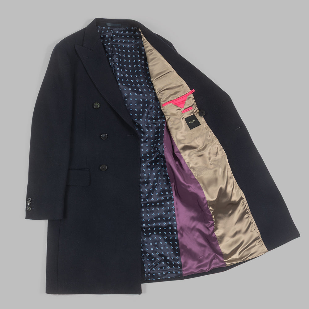 Navy Double Breasted Overcoat in Recycled Wool twill.