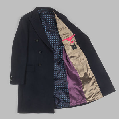 Navy Double Breasted Overcoat in Recycled Wool twill.