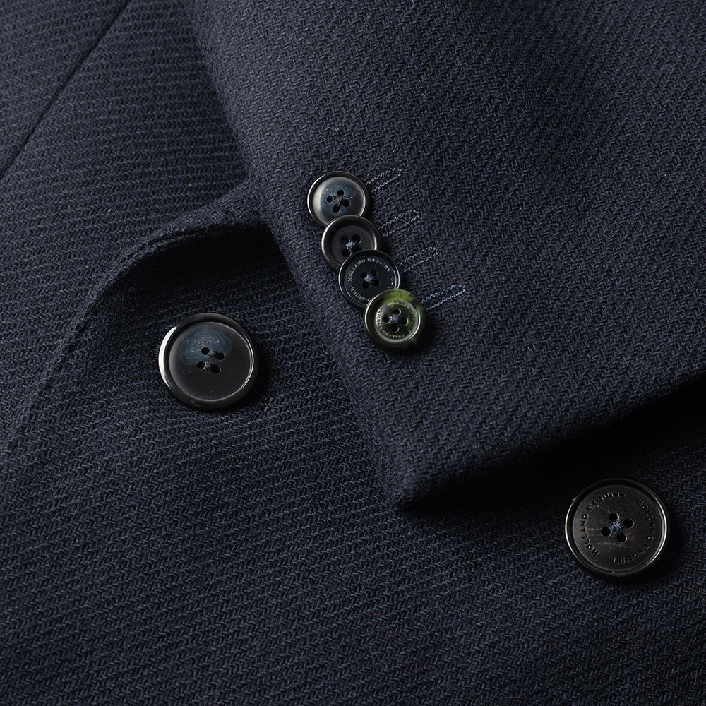 Navy Double Breasted Overcoat in Recycled Wool twill.