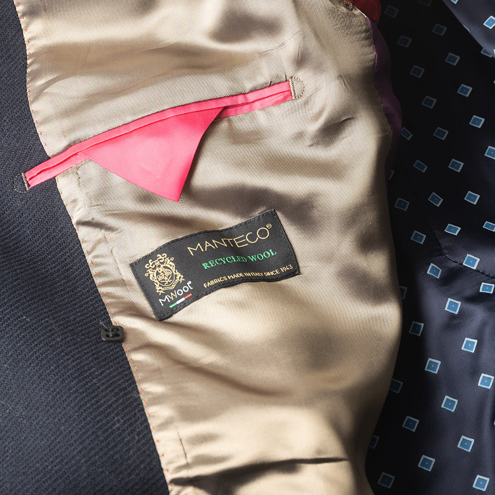 Navy Double Breasted Overcoat in Recycled Wool twill.