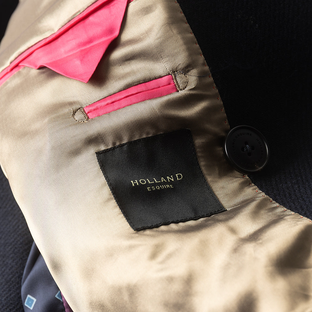 Navy Double Breasted Overcoat in Recycled Wool twill.