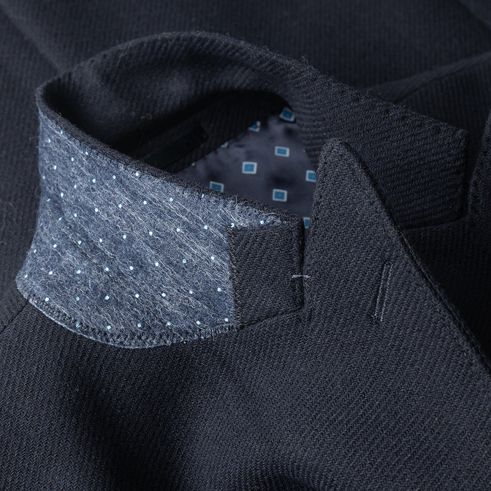 Navy Double Breasted Overcoat in Recycled Wool twill.