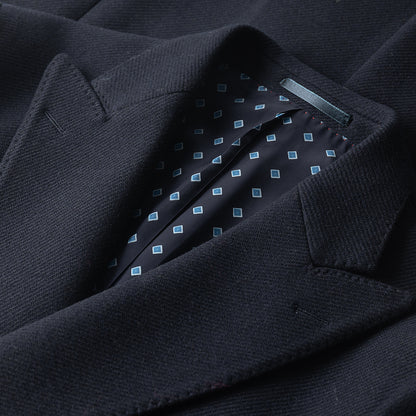 Navy Double Breasted Overcoat in Recycled Wool twill.