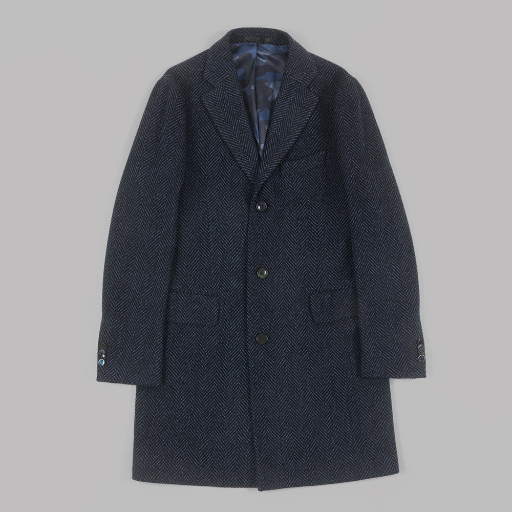 Navy Herringbone Overcoat in wool and cashmere