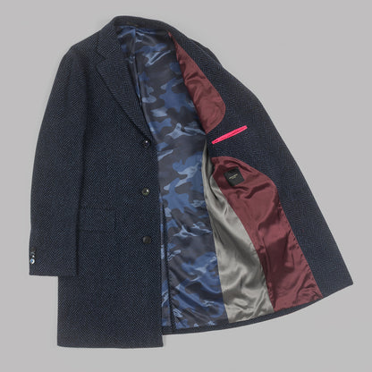 Navy Herringbone Overcoat in wool and cashmere