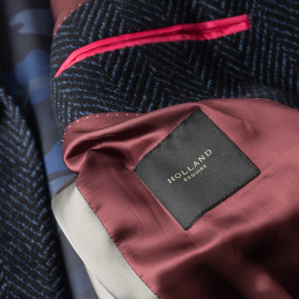 Navy Herringbone Overcoat in wool and cashmere